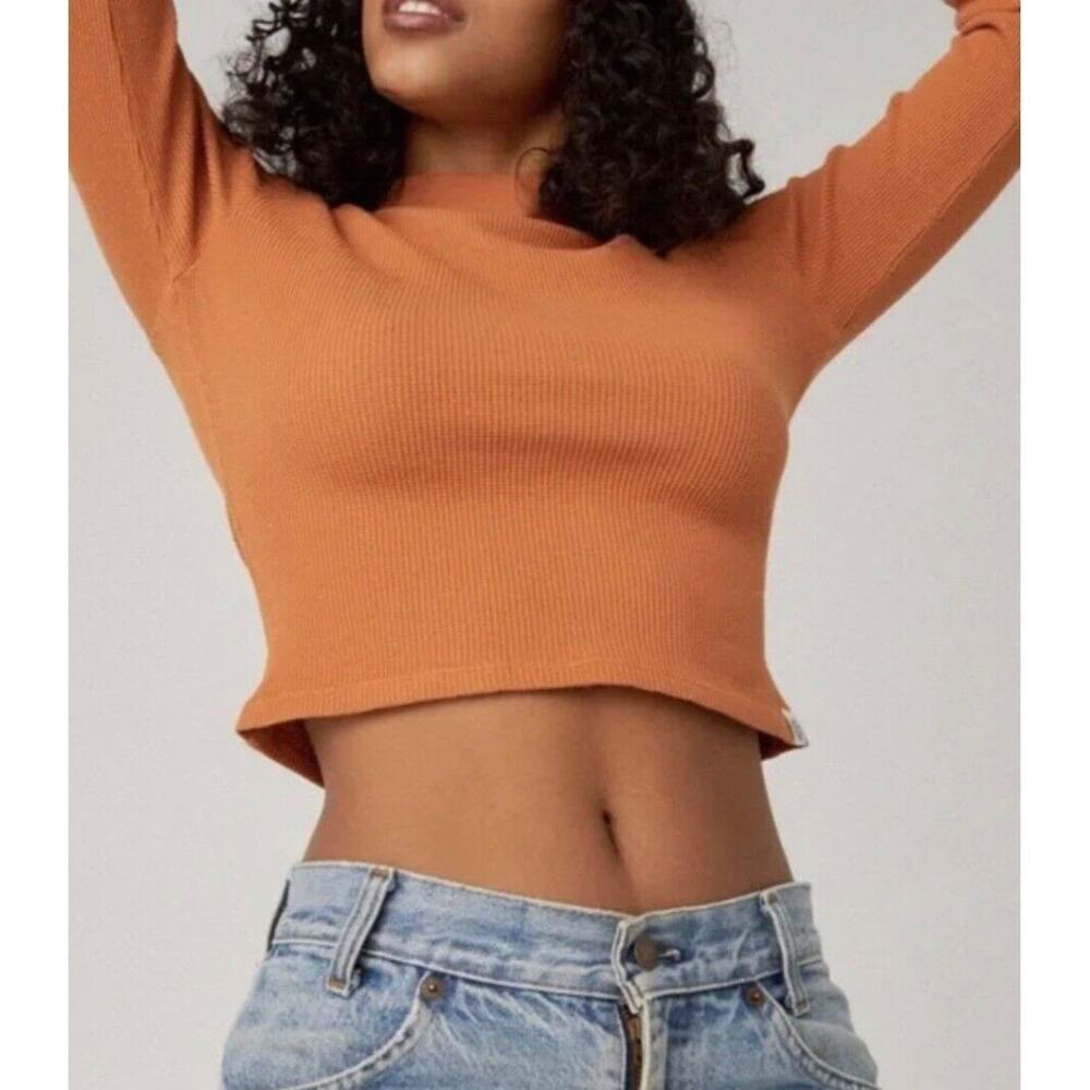 Daydreamer Thermal Crop Long Sleeve Mock Neck Top Orange Womens Large NWT